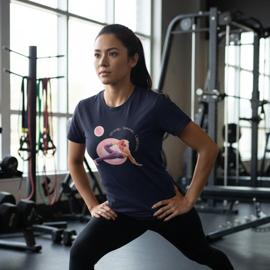 Navy blue t-shirt with a graphic of a person in a yoga pose and two moons on a white background