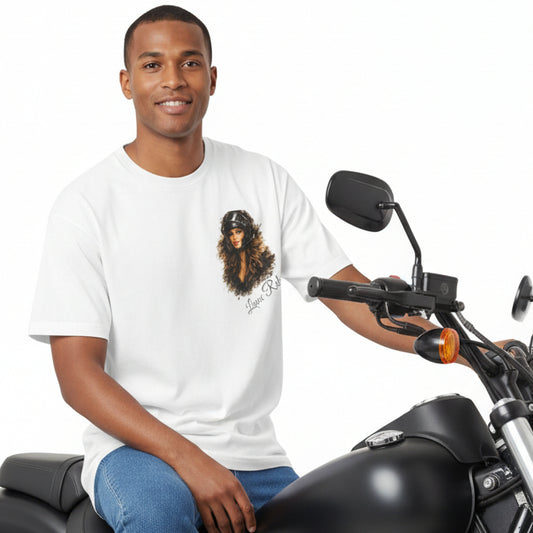 Man wearing a white t-shirt with a graphic design on a white background