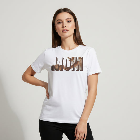 White t-shirt with brown graphic design on a white background