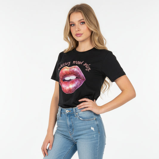 Black t-shirt with a graphic of lips and text 'Glassy mood only' on a white background