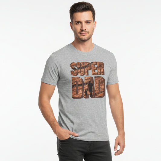Gray t-shirt with 'Super Dad' graphic on a white background