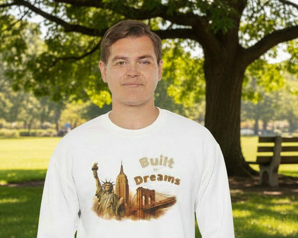 Man wearing a white sweatshirt with a graphic design and text on a white background
