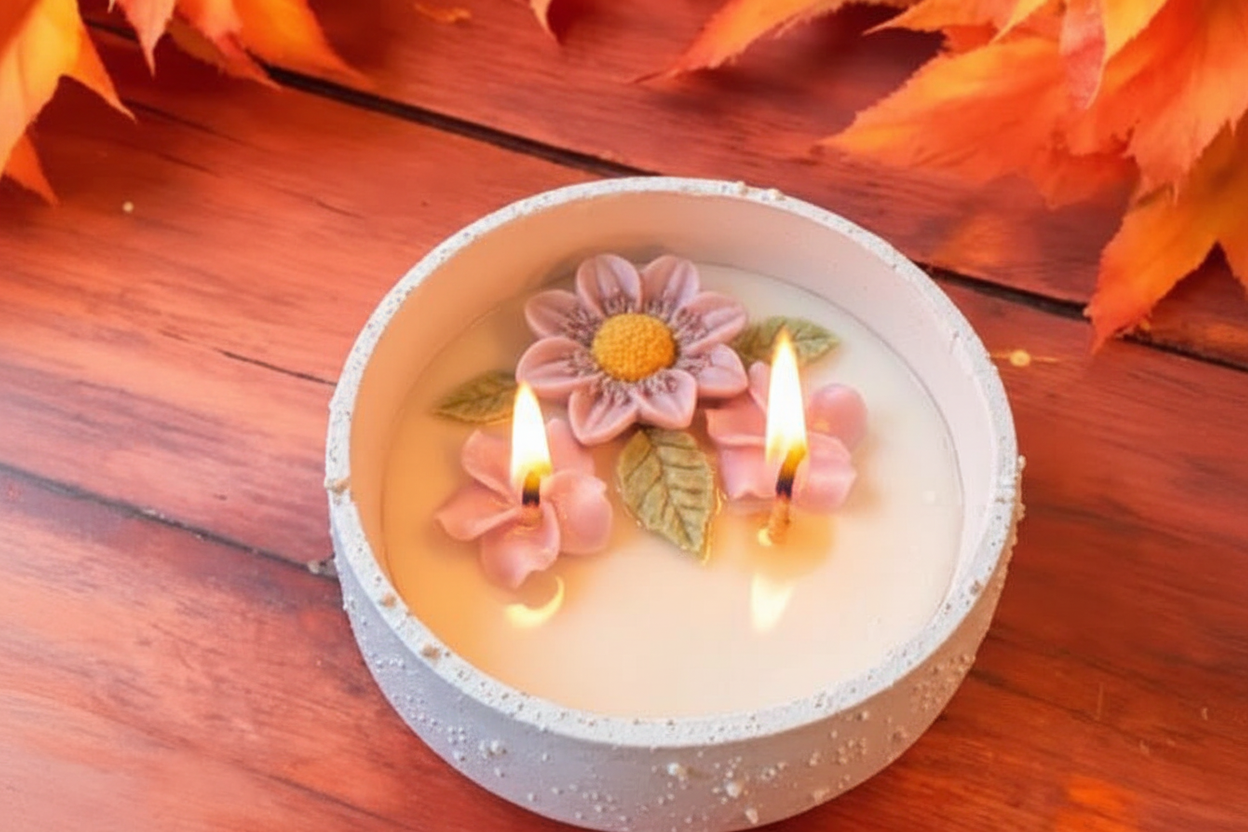 flower Candle in cement Pot: floral home Decor
