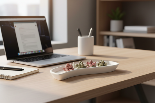 Laptop on a desk with a decorative dish and office supplies