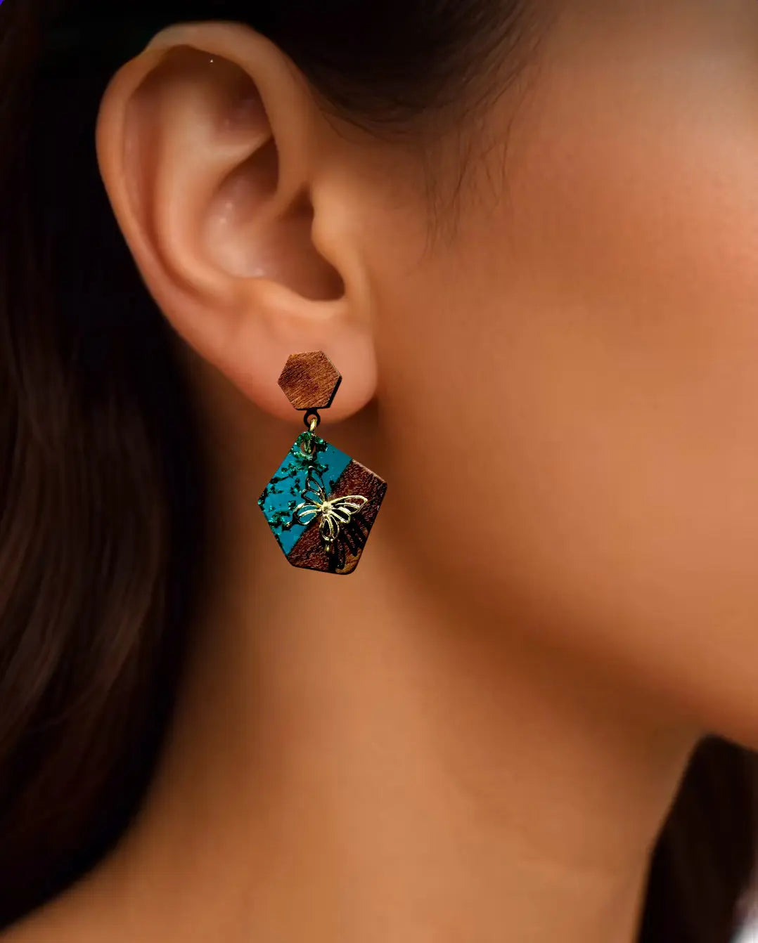 Handmade wood and resin polygon modern minimalist earrings | Lightweight everyday dangle | Natural eco-friendly jewelry for women