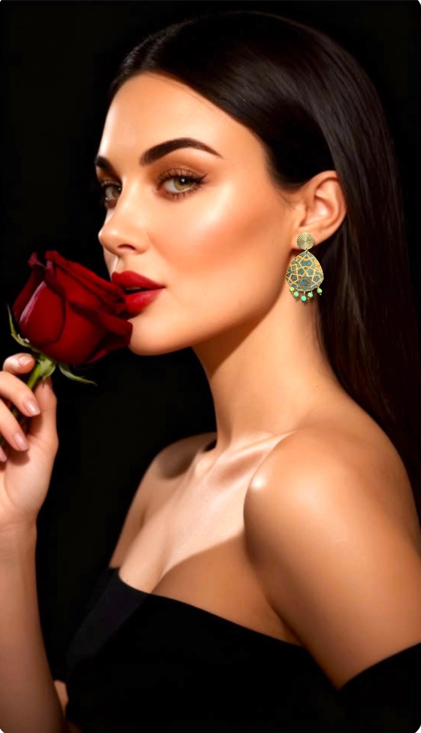 Woman holding a red rose against a black background Mehrartcollections 
