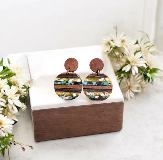 Multicolor wood and resin round earrings | Lightweight everyday dangle | Modern natural handmade jewelry for women