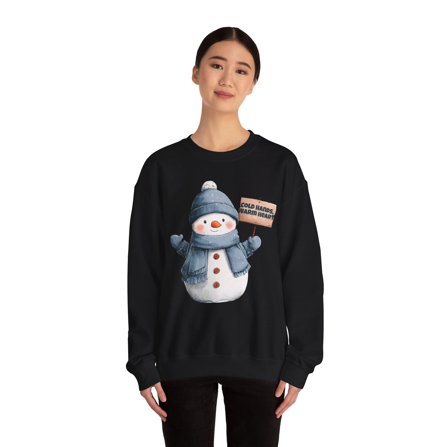 Snowman Crewneck Sweatshirt — Cute Snowman Holding "Cold Hands Warm Heart" Sign