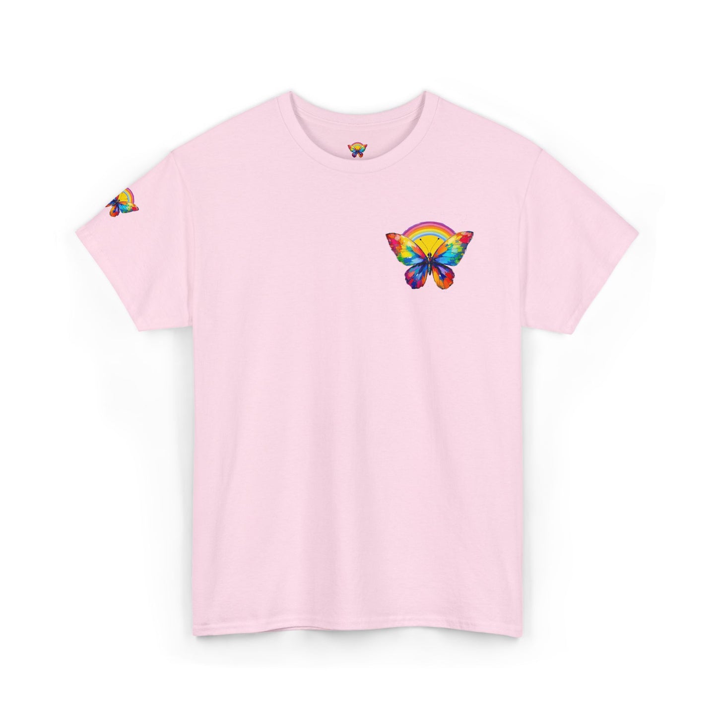 Butterfly Rainbow Tee — Small Chest & Sleeve Colorful Butterfly Graphic T-Shirt