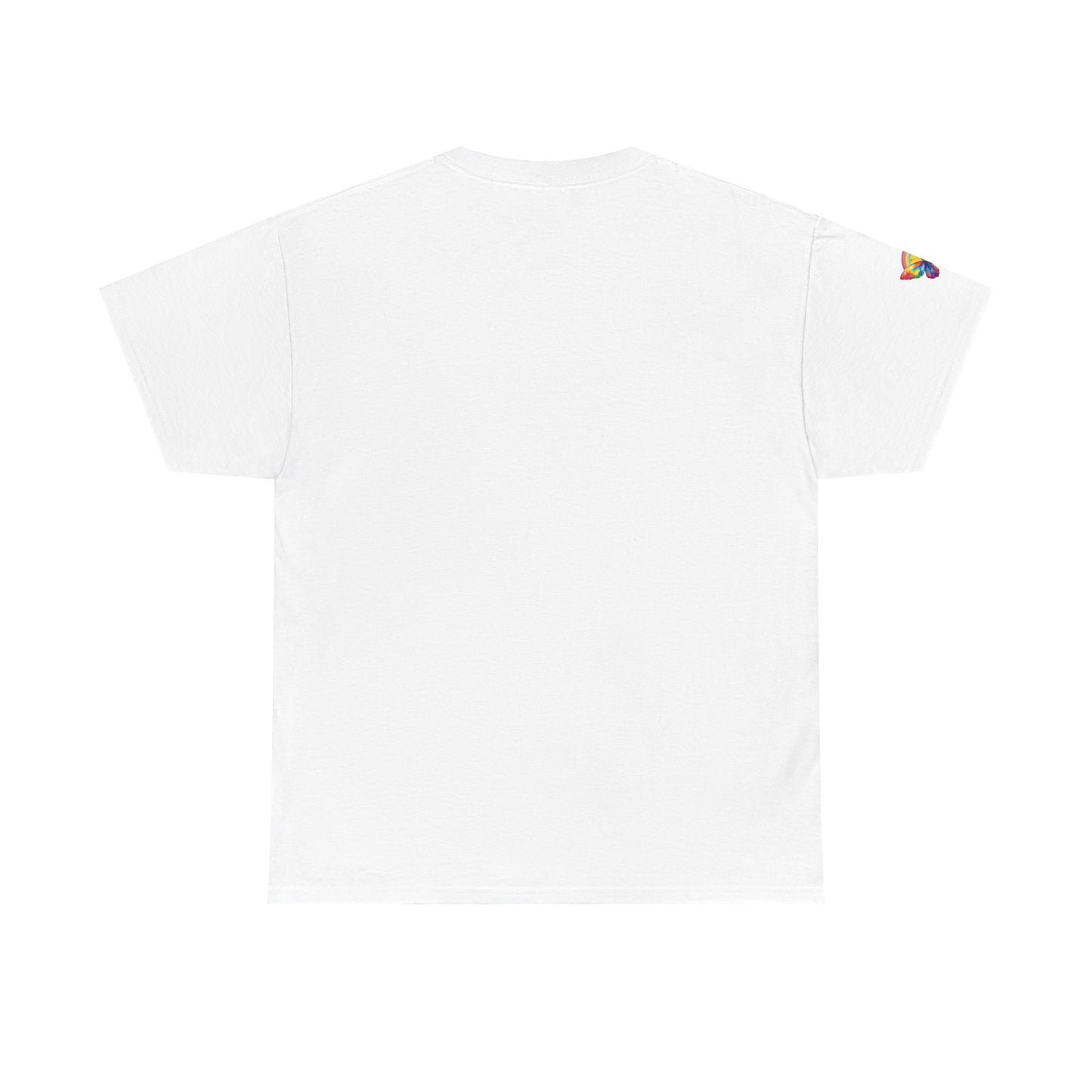 Butterfly Rainbow Tee — Small Chest & Sleeve Colorful Butterfly Graphic T-Shirt