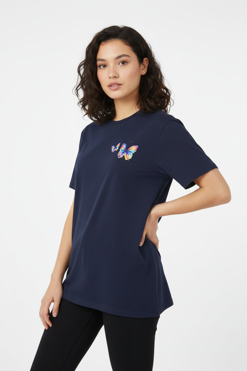 Navy blue t-shirt with colorful butterfly design on a white background