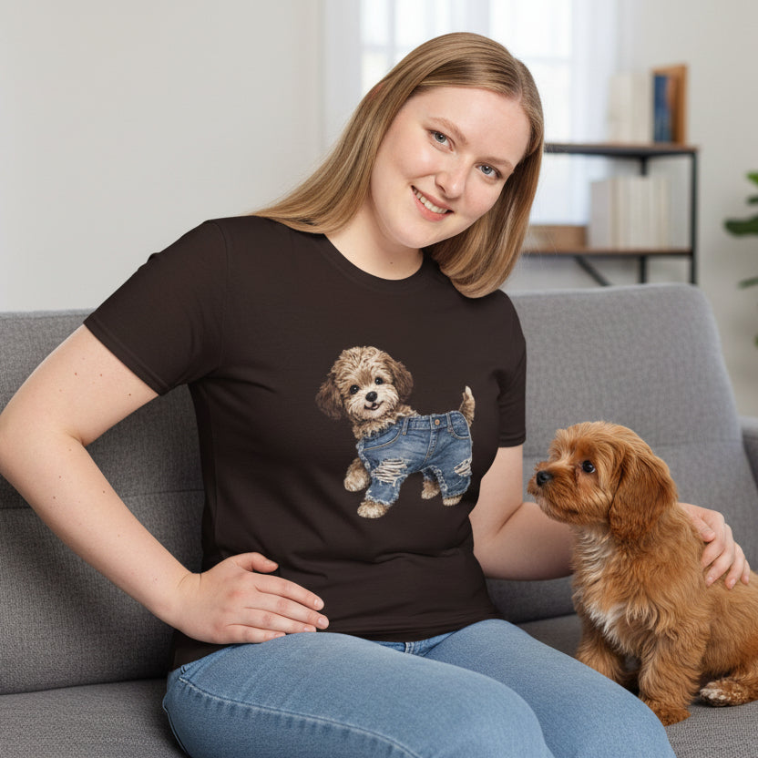 Woman wearing a black t-shirt with a dog graphic on a white background