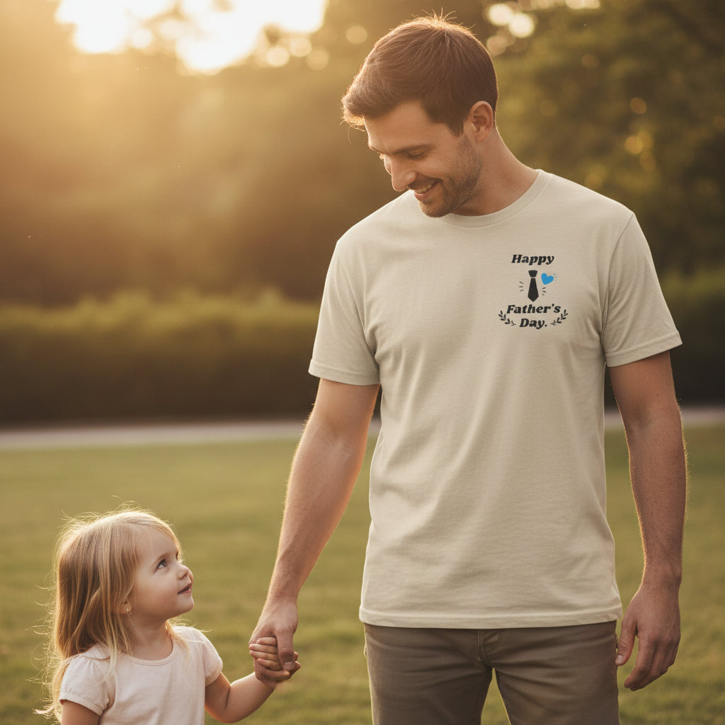 Beige t-shirt with 'Happy Father's Day' text and design on a white background