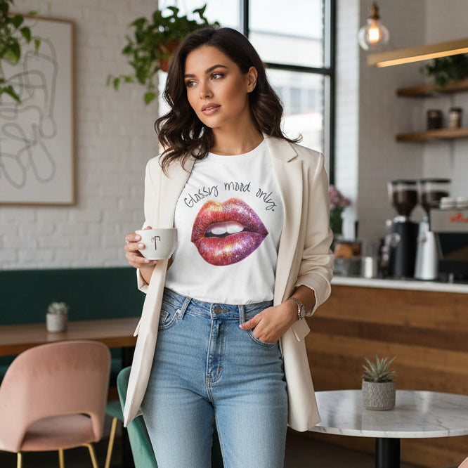 White t-shirt with a graphic of glossy lips and text on a white background