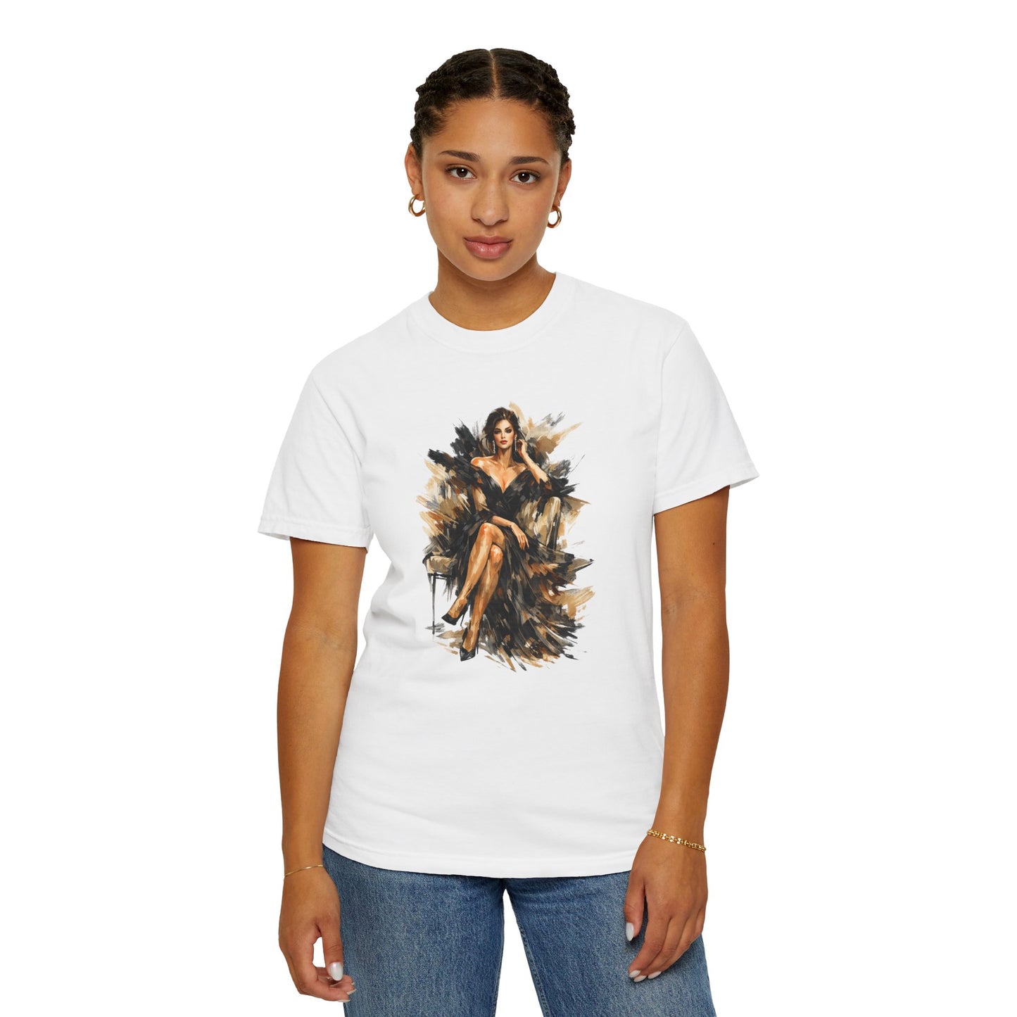 Fashion female icon in Black Art T-Shirt — Elegant Fashion Portrait Tee