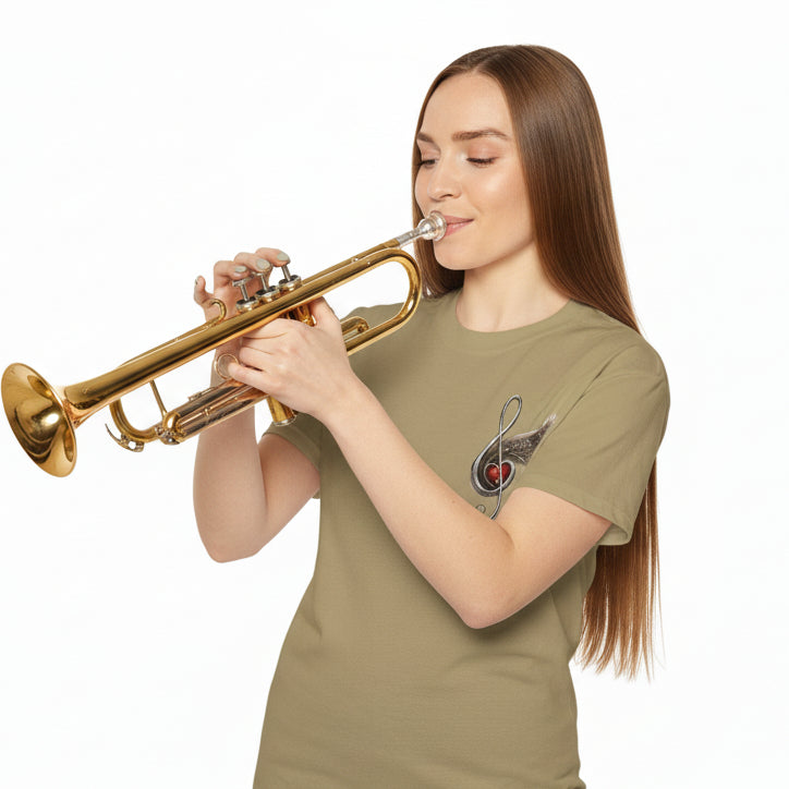 Woman wearing a khaki t-shirt with a graphic design on a white background