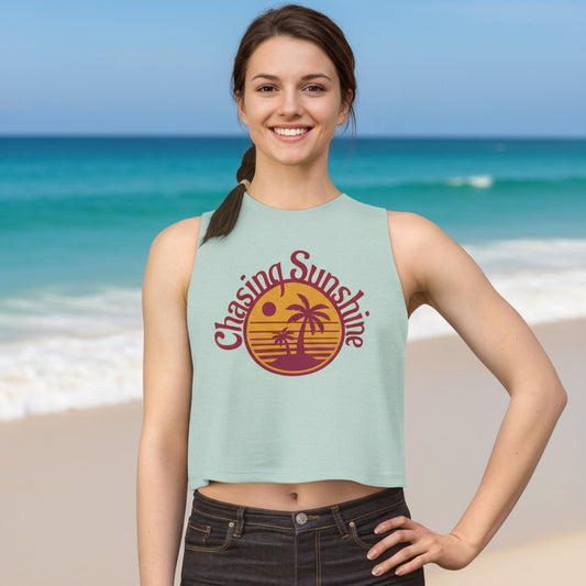 Chasing Sunshine Women's Crop Tank — Retro Sunset Palm Beach Top