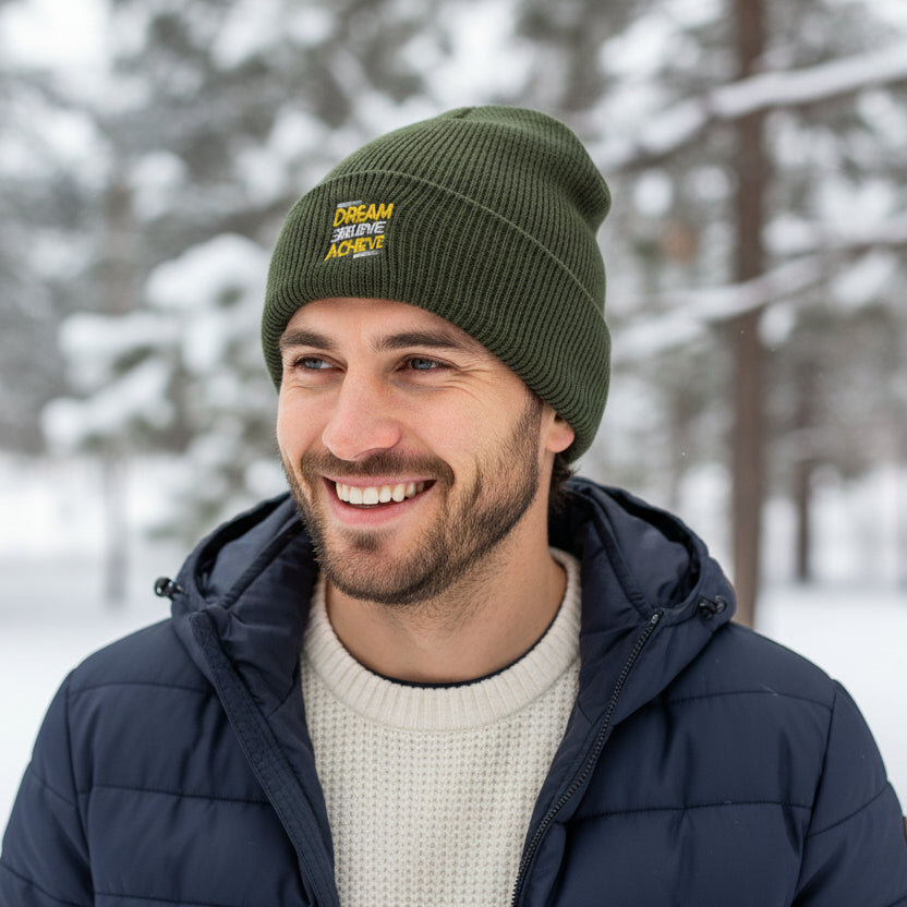 Green beanie with 'Dream Believe Achieve' text on a white background