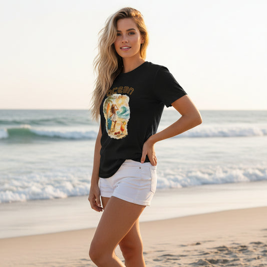 Black t-shirt with a beach graphic and 'Ocean' text on a white background