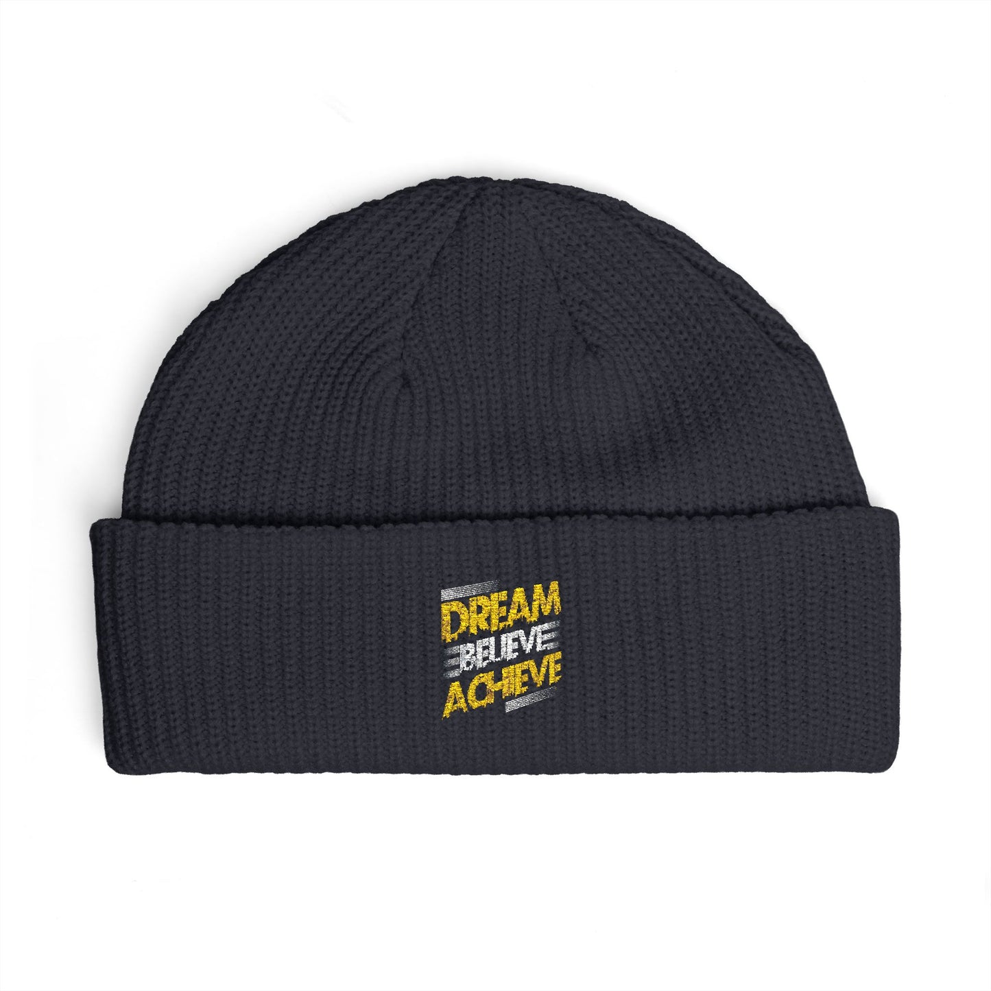 Dream Believe Achieve Cuff Beanie — Inspirational Knit Winter Hat