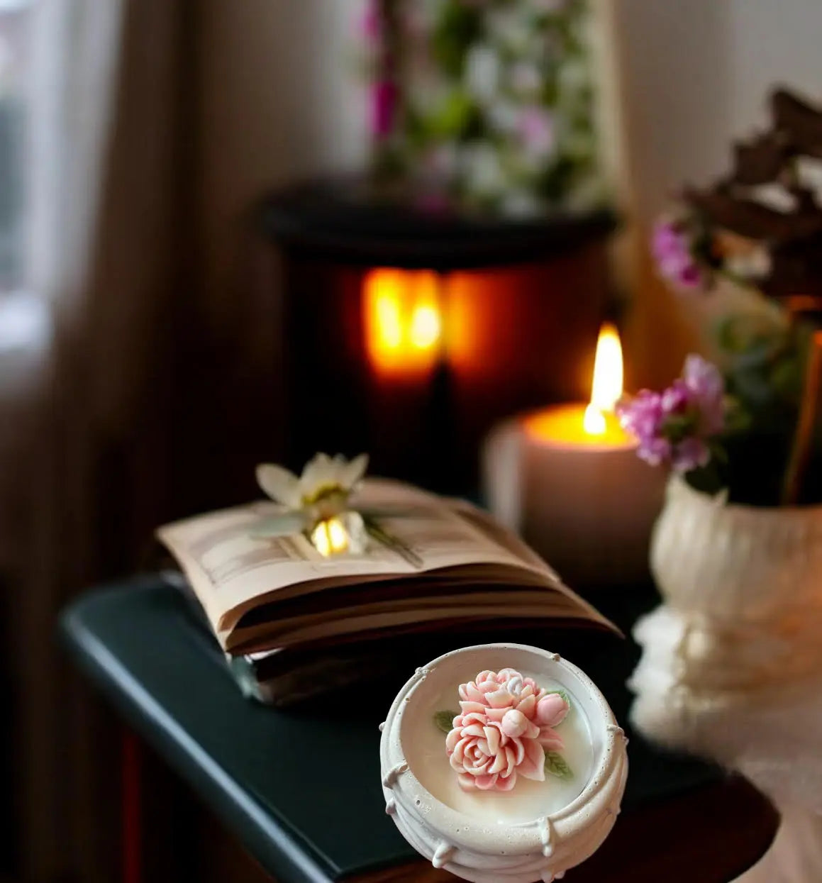 Pink floral candle in cement pot | Handmade flower home décor | Decorative gift for living spaces