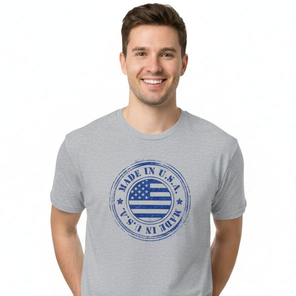 Gray t-shirt with 'Made in U.S.A.' stamp design on a white background