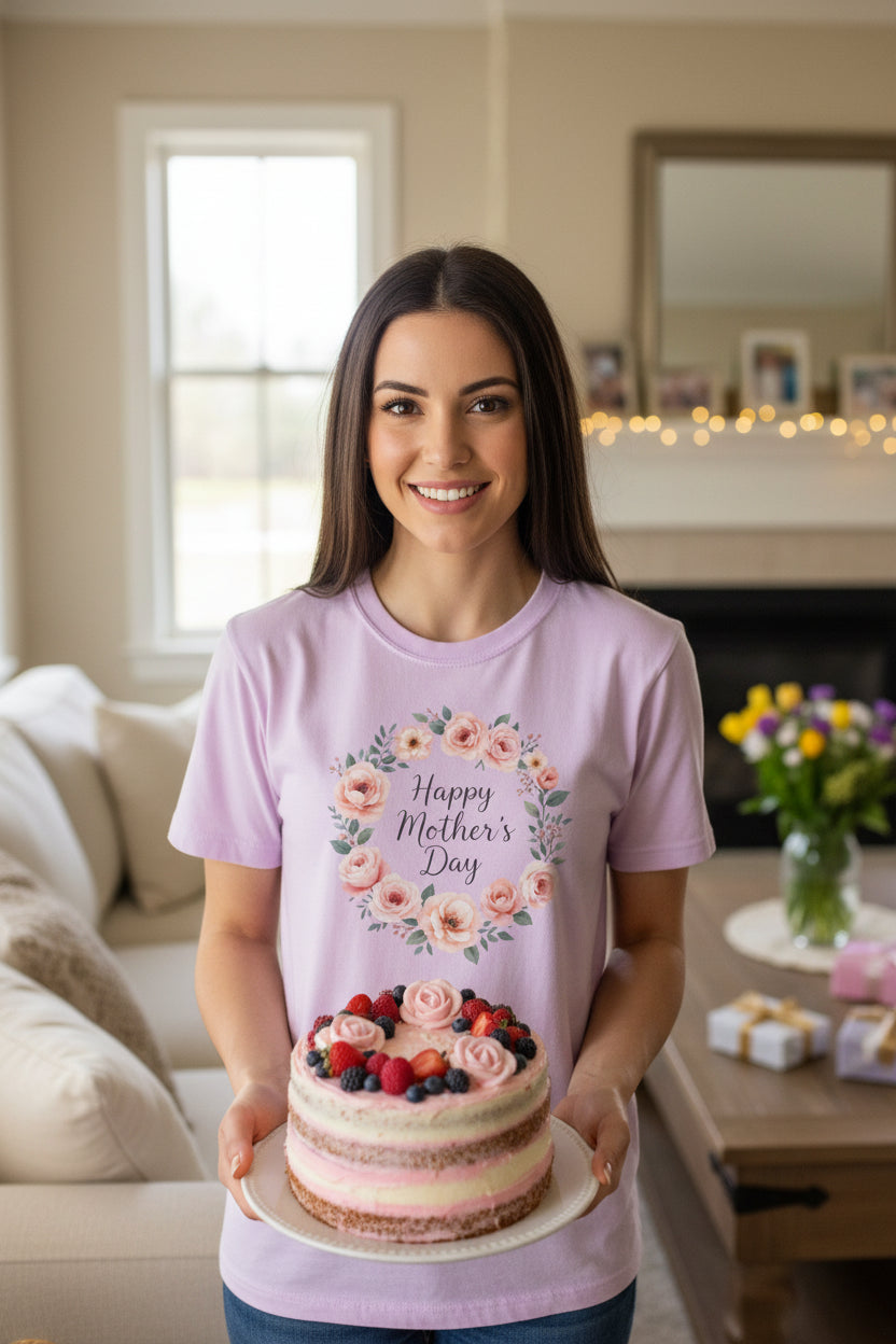 Lavender t-shirt with floral design and 'Happy Mother's Day' text on a white background