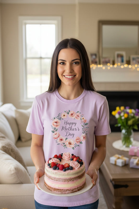 Lavender t-shirt with floral design and 'Happy Mother's Day' text on a white background