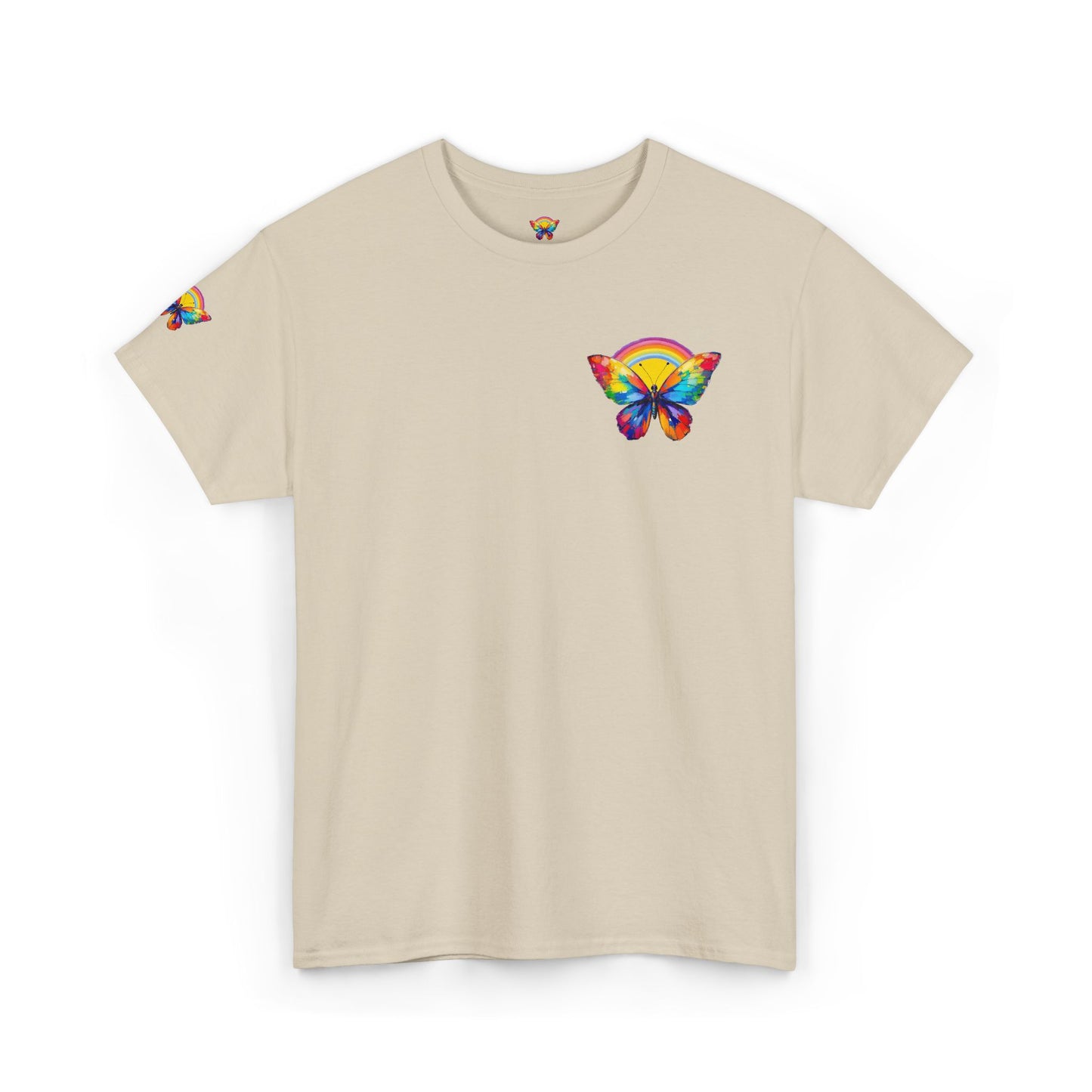Butterfly Rainbow Tee — Small Chest & Sleeve Colorful Butterfly Graphic T-Shirt