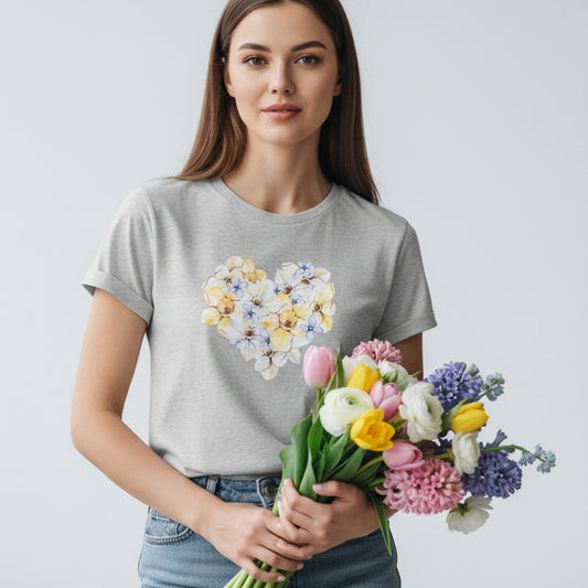 Gray t-shirt with a floral heart design on a white background