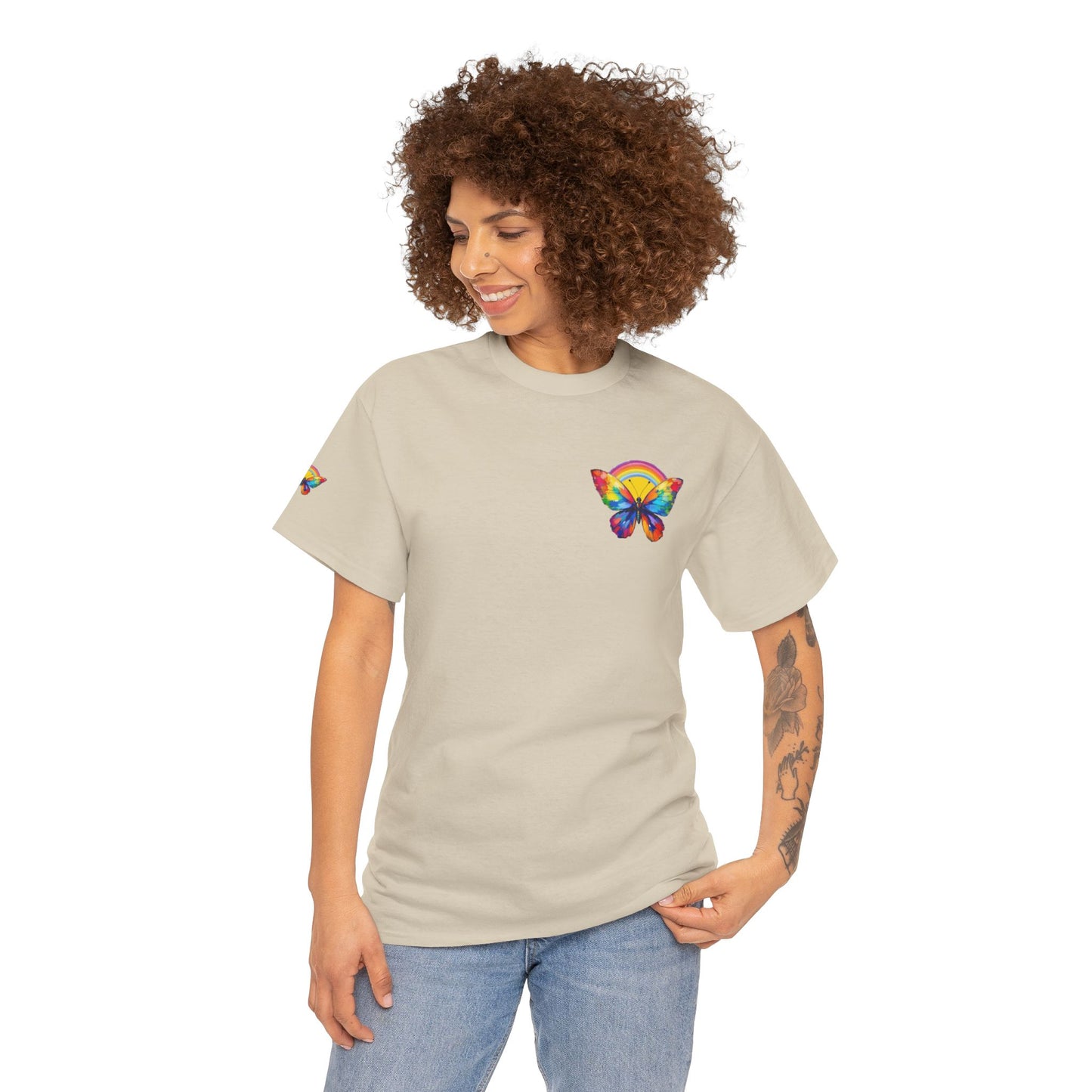 Butterfly Rainbow Tee — Small Chest & Sleeve Colorful Butterfly Graphic T-Shirt