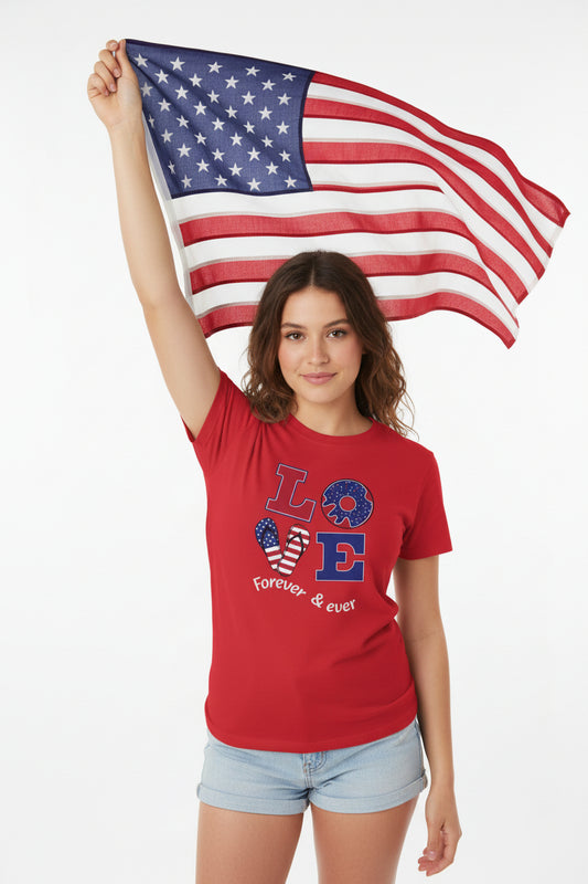 Red t-shirt with 'LOVE Forever & Ever' design on a white background