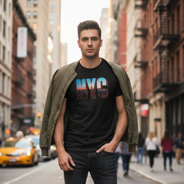Black t-shirt with 'NYC' design on a white background
