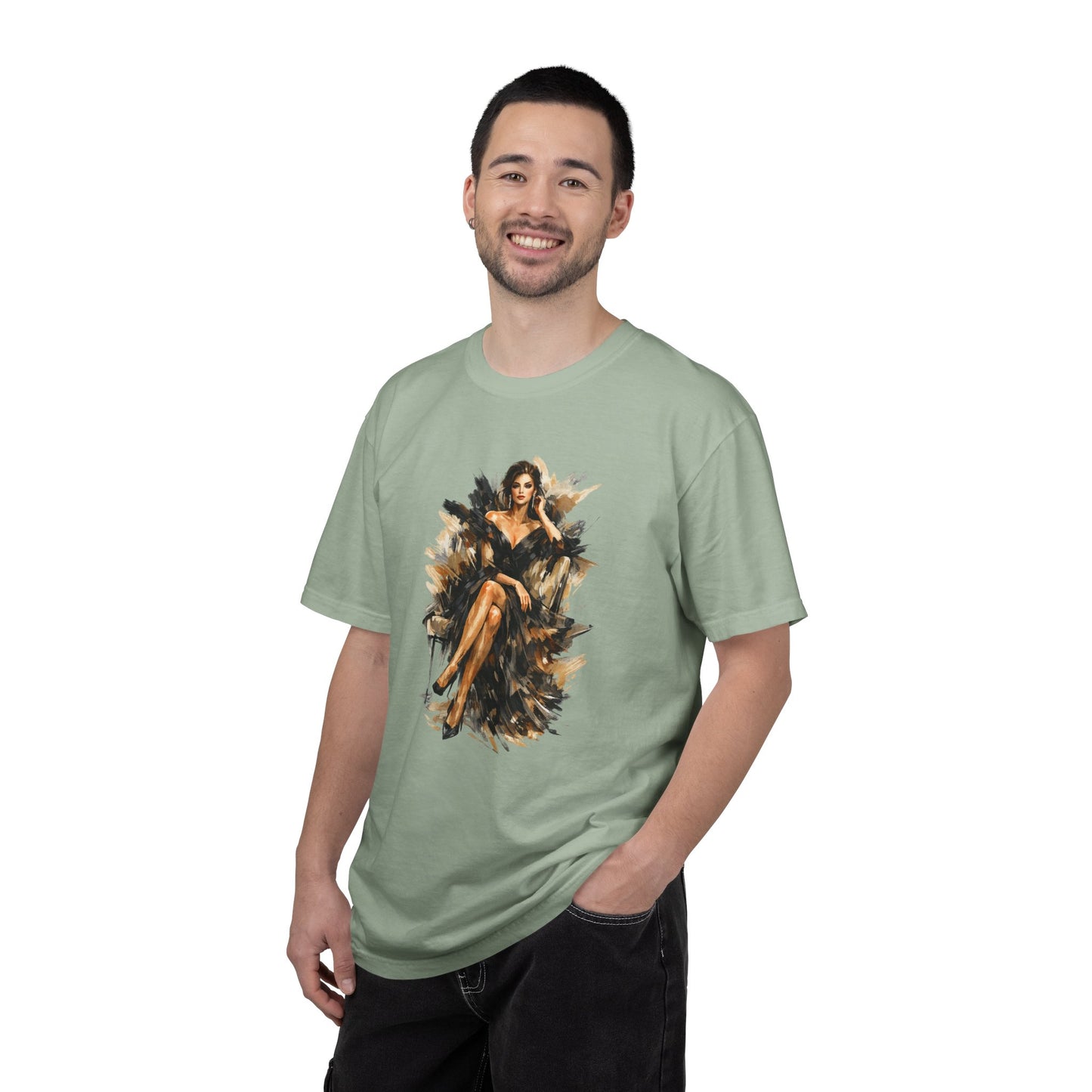 Fashion female icon in Black Art T-Shirt — Elegant Fashion Portrait Tee