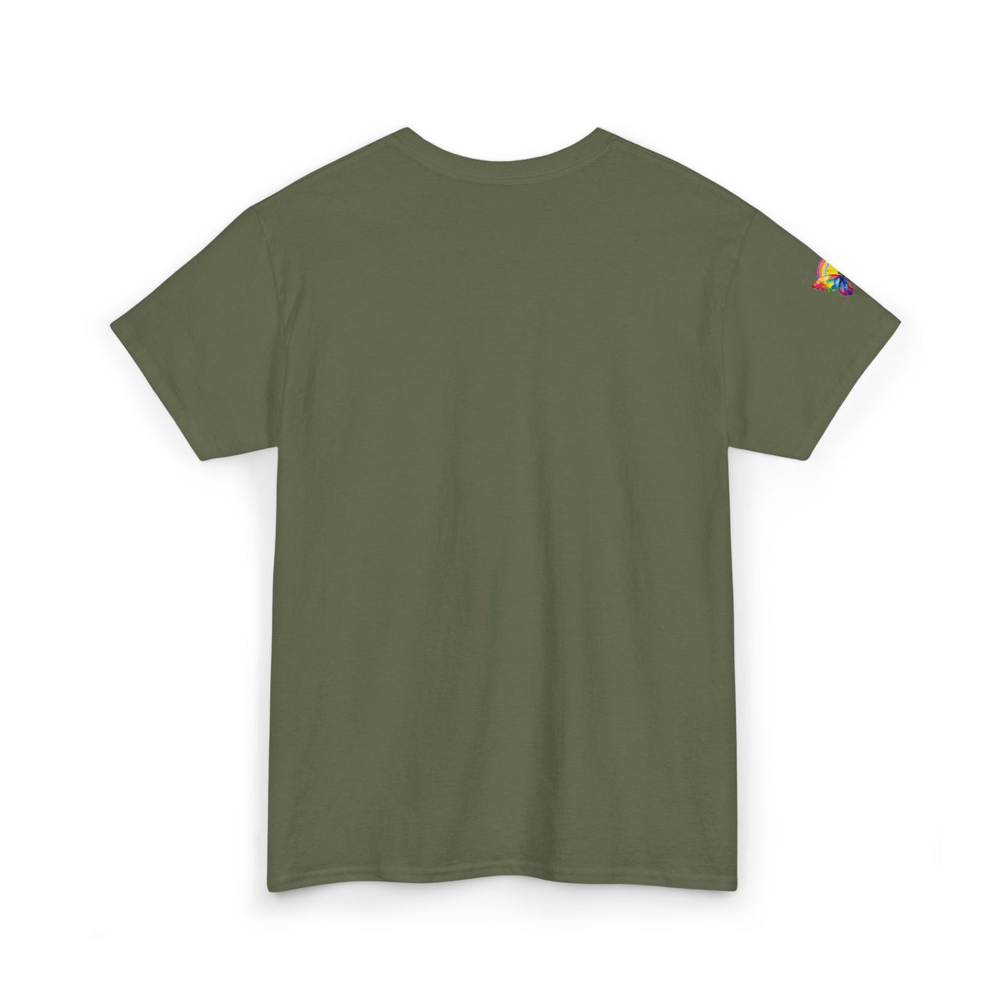 Butterfly Rainbow Tee — Small Chest & Sleeve Colorful Butterfly Graphic T-Shirt