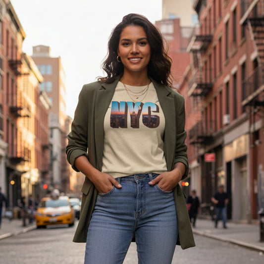 Beige t-shirt with 'NYC' graphic design on a white background