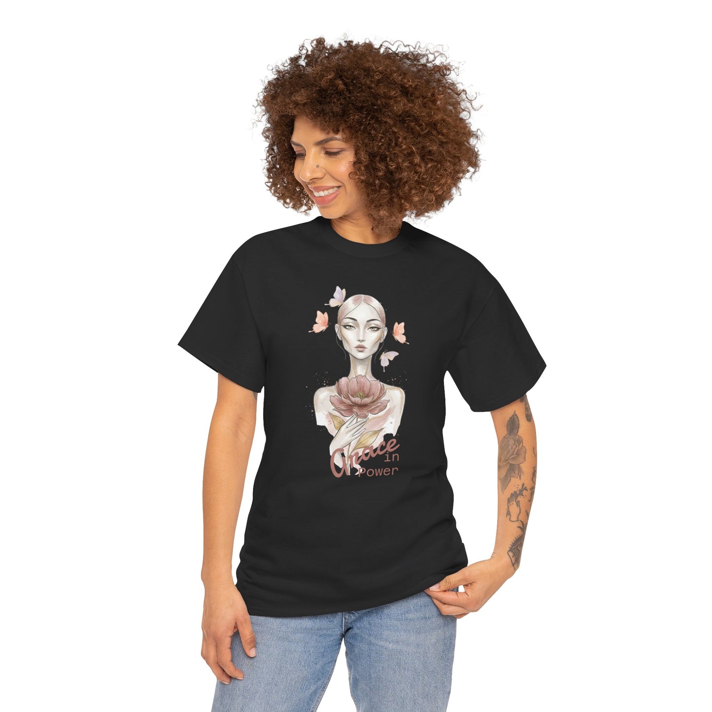 Grace in Power Tee — Feminine Portrait Floral Graphic T‑Shirt