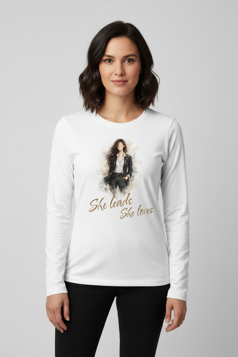 She leads, she loves Long Sleeve Shirt — Stylish Portrait Graphic