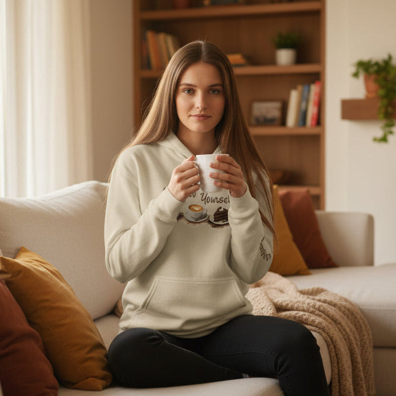 Beige hoodie with 'Espresso Yourself' text and coffee graphics on a white background