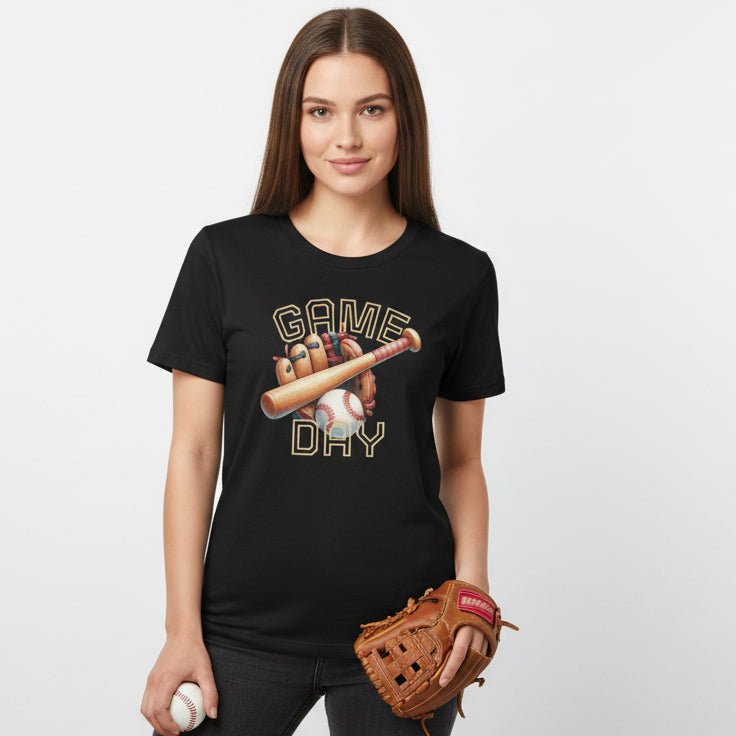 Black t-shirt with a baseball graphic and 'Game Day' text on a white background