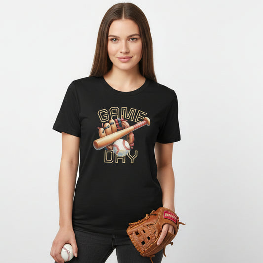 Black t-shirt with a baseball graphic and 'Game Day' text on a white background