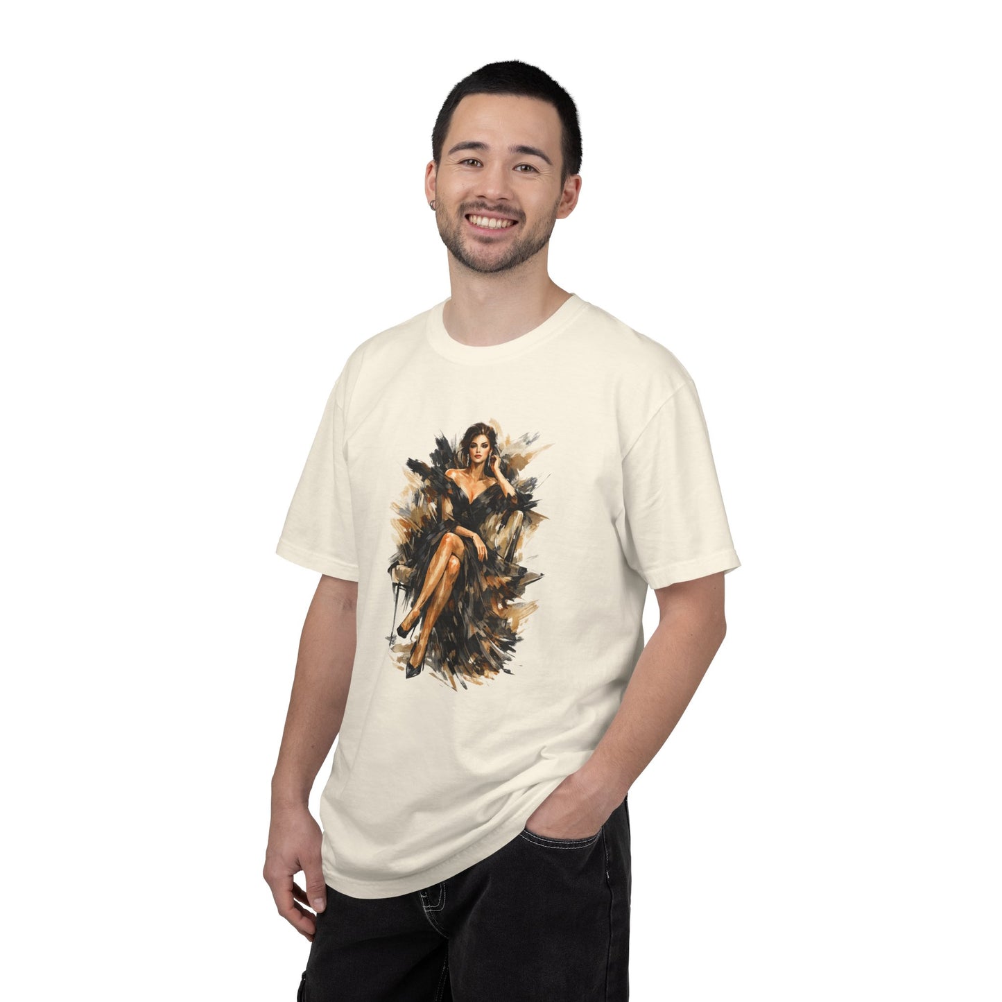 Fashion female icon in Black Art T-Shirt — Elegant Fashion Portrait Tee