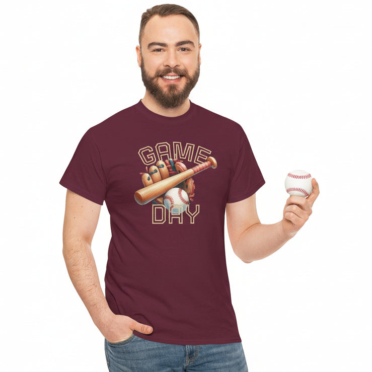 Man wearing a maroon t-shirt with a baseball graphic and 'Game Day' text on a white background