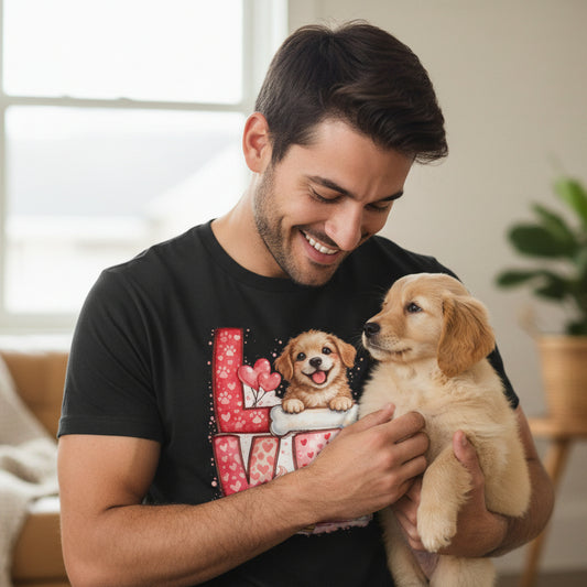 Black t-shirt with a dog graphic and 'LOVE' text on a white background