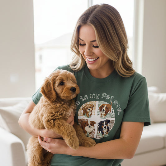 Green t-shirt with dog-themed graphic and text on a white background