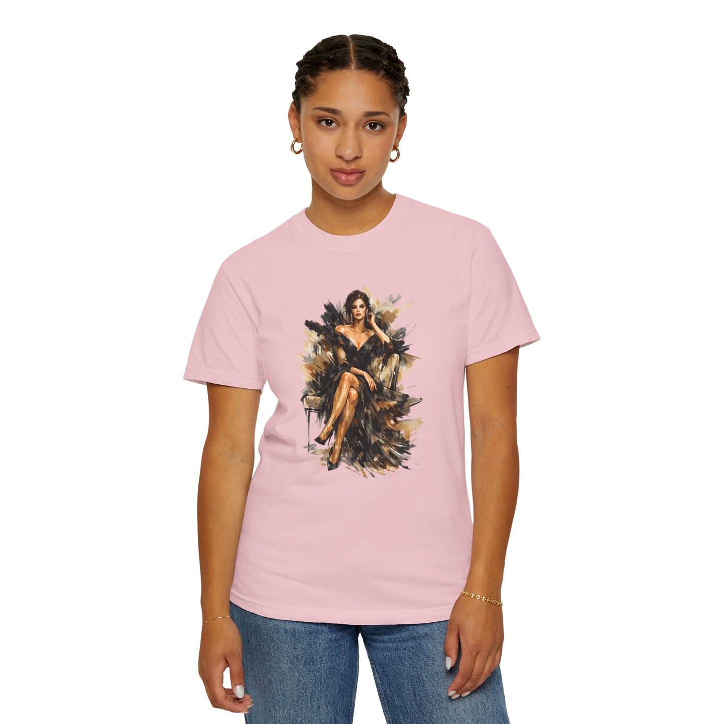 Fashion female icon in Black Art T-Shirt — Elegant Fashion Portrait Tee