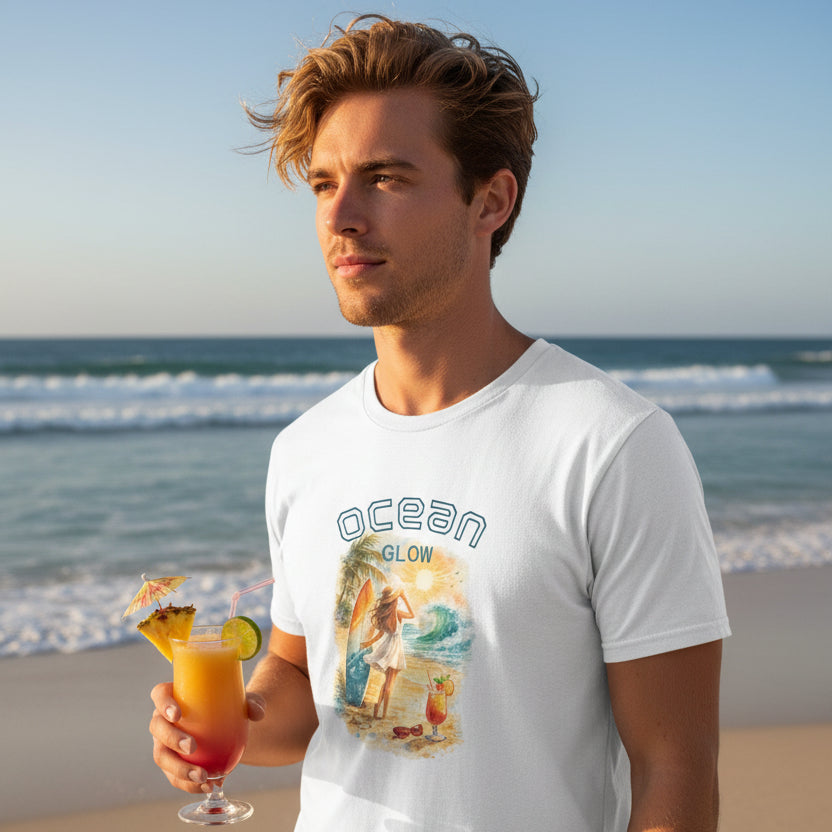 White t-shirt with a beach graphic and 'Ocean Glow' text on a white background
