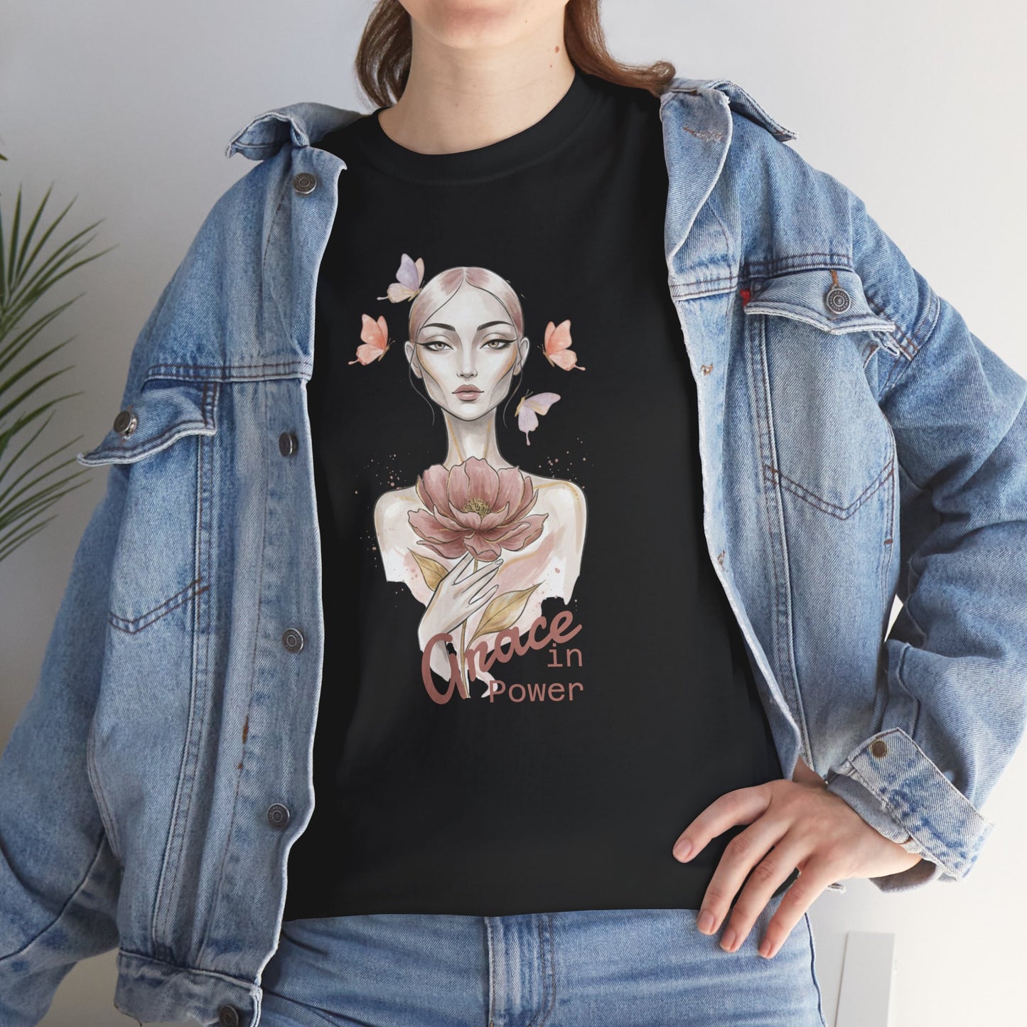 Grace in Power Tee — Feminine Portrait Floral Graphic T‑Shirt