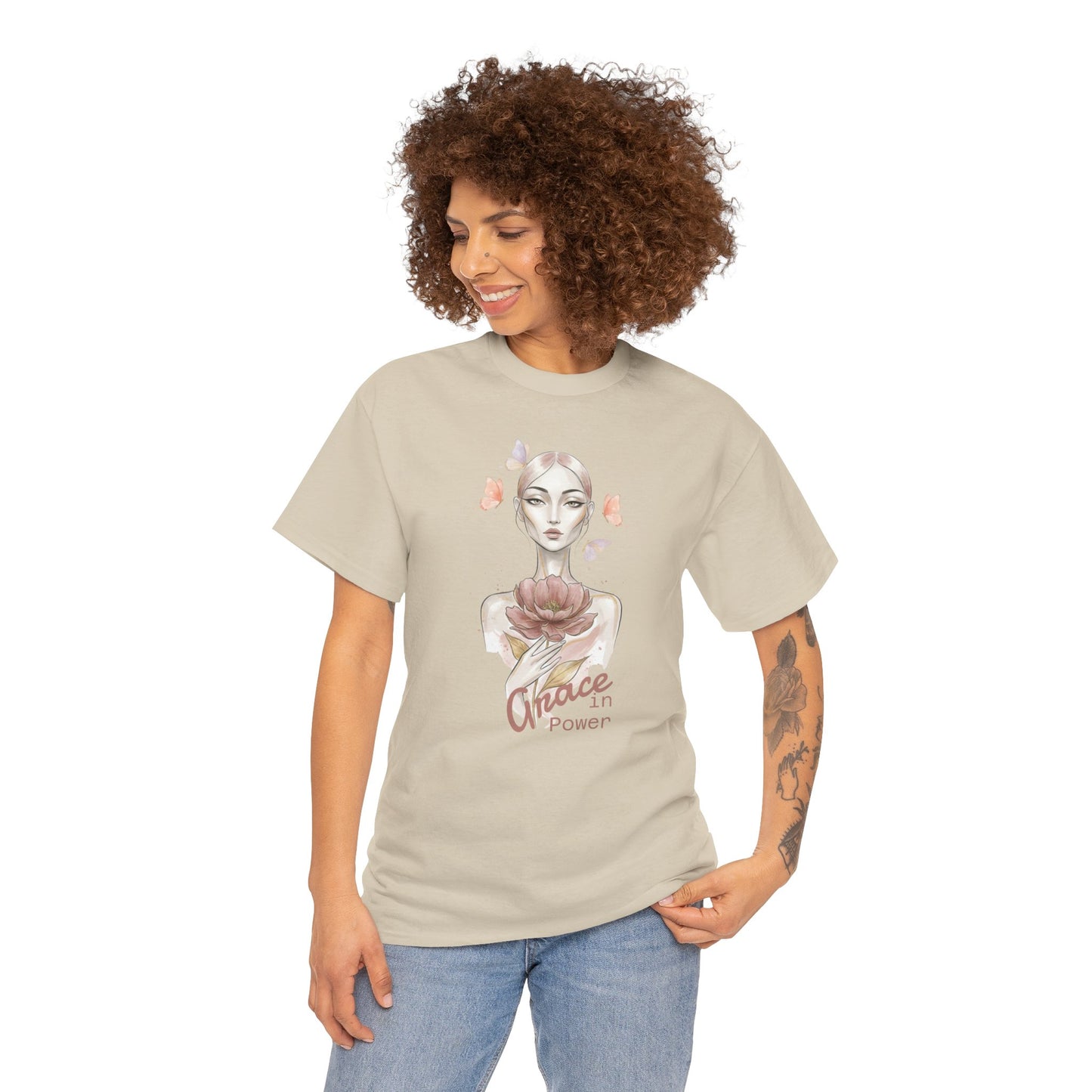 Grace in Power Tee — Feminine Portrait Floral Graphic T‑Shirt
