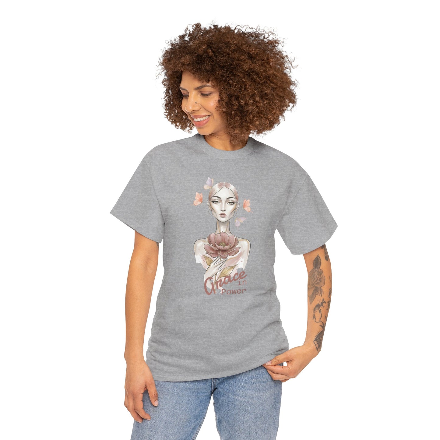 Grace in Power Tee — Feminine Portrait Floral Graphic T‑Shirt